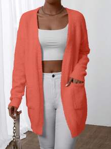 Chiquease 1 pieza Cárdigan de mujer de unicolor de manga larga con bolsillos, blusa casual minimalista - Naranja - Ver 5