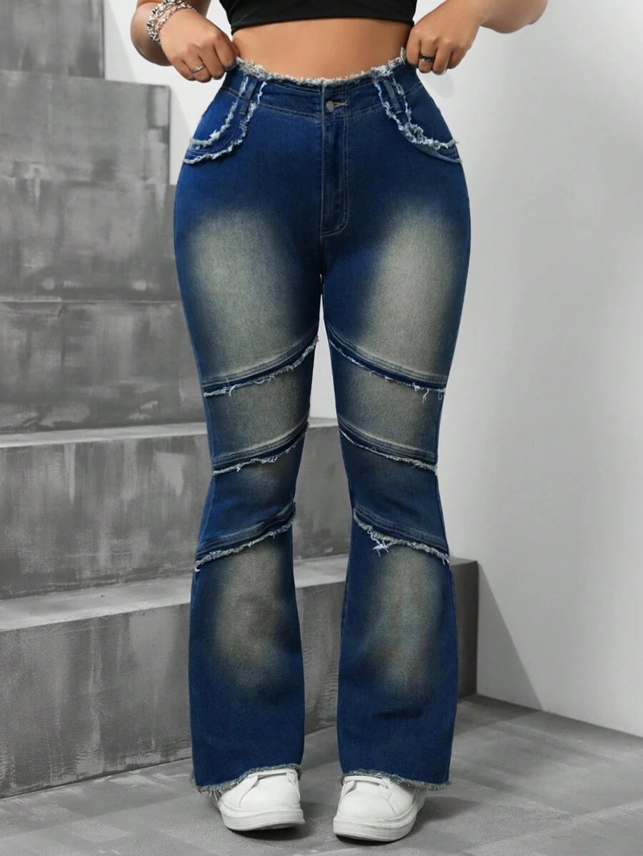 SHEIN ICON 大码休闲水洗复古磨边紧身喇叭牛仔裤 - 藍色 - 查看 1