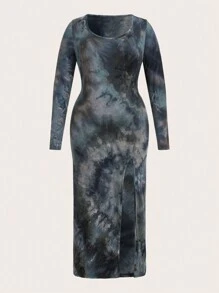SHEIN EZwear Plus Size Winter Tie-Dye Print Round Neck Long Sleeve Maxi Slit Dress - Black - View 1