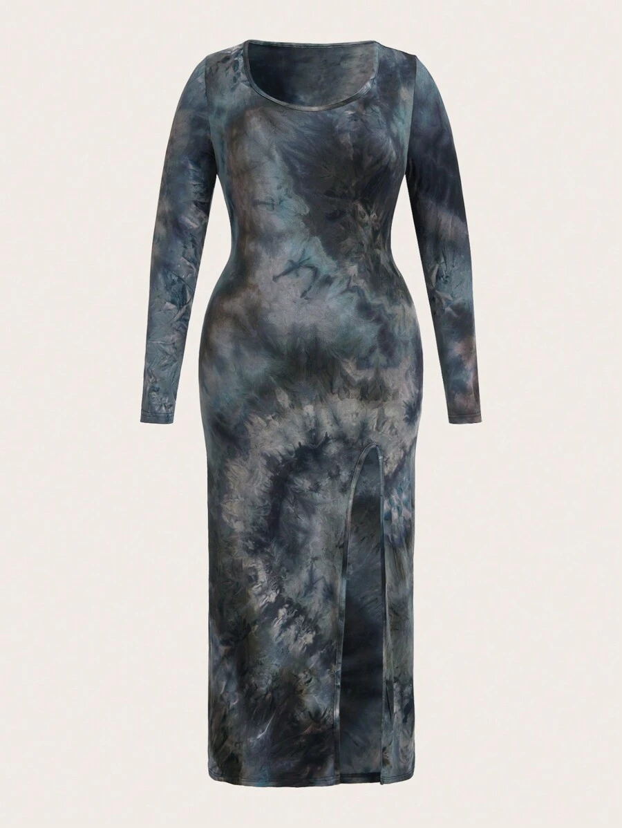 SHEIN EZwear Plus Size Winter Tie-Dye Print Round Neck Long Sleeve Maxi Slit Dress - Black - View 1