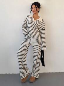 Siren Gaze 女士 2 件套宽松条纹 V 领落肩长袖 T 恤和松紧腰条纹裤，冬季毛衣套装，秋冬 - 黑與白 - 查看 5