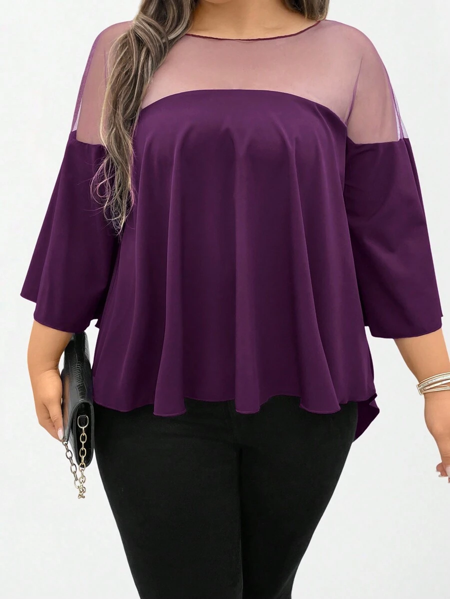 SHEIN LUNE Chemise violette tressée et à maille extra évasée pour grandes tailles, convient pour Noël, Halloween, Nouvel An, Nouvel An chinois - Prune - Voir 1