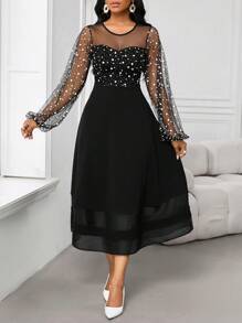 SHEIN Lady Váy midi lưới dài tay cổ tròn xòe màu đen thanh lịch cho mùa xuân và mùa thu và mùa đông - màu đen - Xem 6