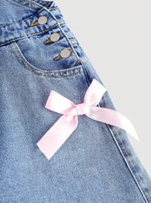 SHEIN Girlism Tween 女童 Y2K 时尚休闲石洗蝴蝶结装饰口袋牛仔工装裤（不含背心），Tween 女童返校服装 - 中等水洗藍 - 查看 3