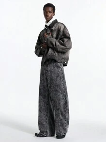 NEON BLANC 男士街头风格字母贴片黑色口袋编织棉质深色牛仔布长袖夹克 - 灰色 - 查看 1