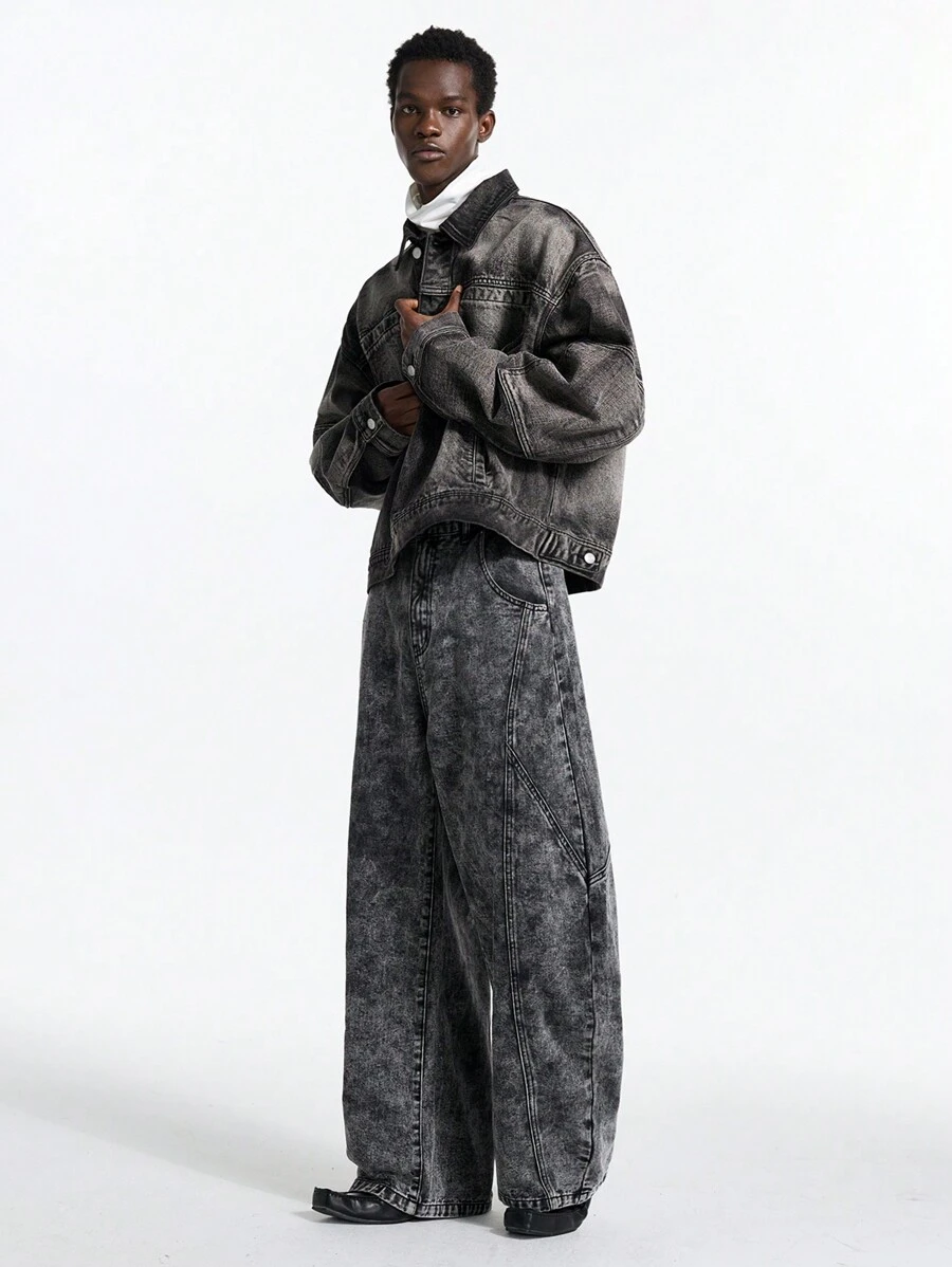 NEON BLANC 男士街头风格字母贴片黑色口袋编织棉质深色牛仔布长袖夹克 - 灰色 - 查看 1