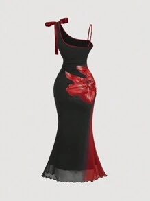 SHEIN MOD Plus Size Vintage Floral Asymmetrical Neck Fish Tail Hem Long Dress For Ladies,Birthday Women Outfits,.,.Women Dress,Party Women Outfits,. Eve Dress, Giving,.,.Party Dress,Holiday Dress,Elegant Dress,Party Women Dresses,Formal Dress,.S Dress - Black - View 2