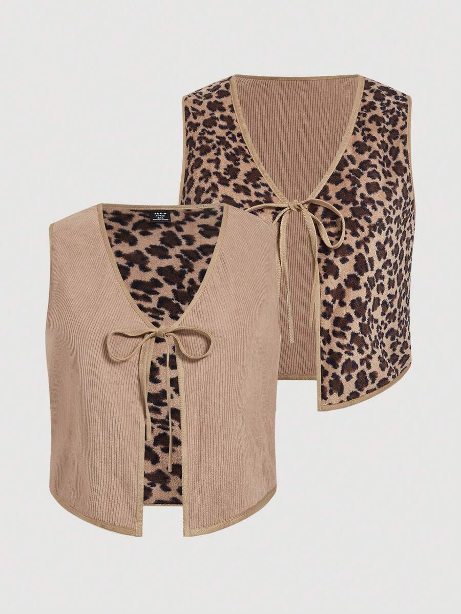 SHEIN MOD Plus Size Leopard Print V-Neck Sleeveless Front Tie Reversible Jacket
