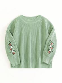 Flirla Plus Size Women Floral Embroidery Crew Neck Pullover Sweater, Autumn/Winter Knit Pullover Fall Outfit