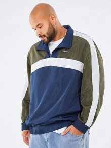 Manfinity NXTstreet Plus Size Men's Letter Print Casual Long Sleeve Partial Zip Jacket, Color Block Lightweight Jacket, For Autumn Going Out, Friends, Husband, Boyfriend Gifts