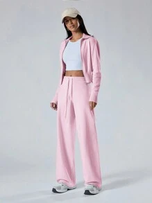 LYSMO Conjunto casual de 2 piezas de mujer compuesto por un cárdigan de manga larga con cremallera de unicolor y pantalones largos de punto, para otoño/invierno