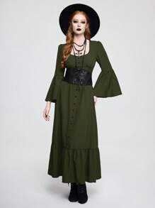 ROMWE Goth Đầm tay loe cổ chữ U màu trơn thanh lịch dành cho nữ - Màu xanh lá cây đậm - Xem 5