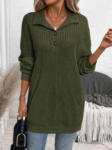 EMERY ROSE Women's Solid Color Front Button Long Sleeve Casual Sweatshirt - Army Green - View 6