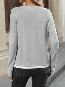 EMERY ROSE Women Brushed Bicolor Casual Pullover Long Sleeve T-Shirt, Versatile Women Tops - Light Grey - View 2