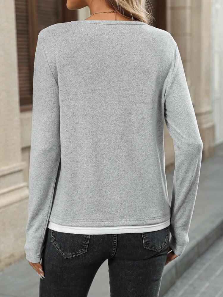 Women Brushed Bicolor Casual Pullover Long Sleeve T-Shirt, Versatile Women Tops