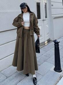 Flirla 1 bộ gồm áo khoác cargo kiểu Pháp và chân váy xòe cạp cao. - màu xanh lá - Xem 5