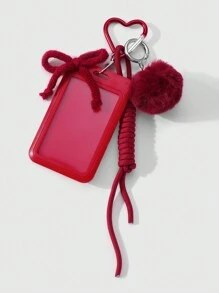 ROMWE Kawaii 1 件甜美酷炫时尚高品质学院风秋冬红色毛绒球纱蝴蝶结可调节挂绳纯色透明校园卡 ID 夹 DIY 钥匙扣包饰，适合上班族、学生、日常穿着和礼物