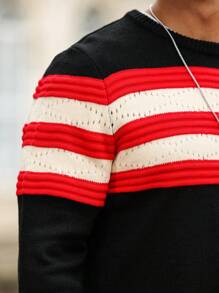 Manfinity CityGents Jersey de cuello redondo de punto casual con estampado rayado de color contrastante de manga larga para hombre - Negro - Ver 8