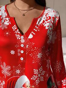 SHEIN LUNE Đầm thường ngày dài tay chữ A họa tiết ông già Noel cỡ lớn cổ chữ V trang trí nút - Nhiều màu - Xem 7
