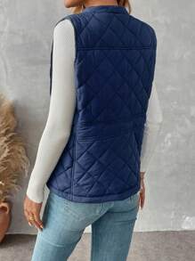 SHEIN LUNE Women Plain Front Zip Pocket Simple Sleeveless Casual Puffer Vest - Navy Blue - View 2