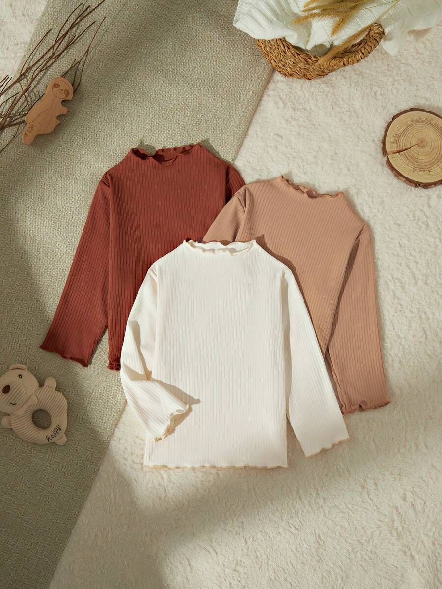 SHEIN 3 件套幼儿女童休闲百搭经典百搭简约优雅立领长袖上衣，柔软针织面料适合外出、家居服和秋冬季