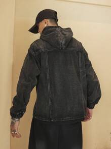 Manfinity Roghcode Men's Casual Denim Jacket With Hood And Pockets, Long Sleeve, For Autumn - Black - View 2