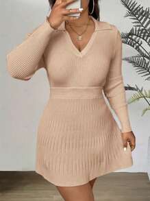 SHEIN Clasi 大码女式束腰修身马球领长袖针织连衣裙，适合冬季 - 駝色 - 查看 3