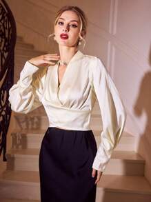 Vintamour Elegant Cream White Women Blouse Satin V-Neck Lantern Ruched Long Sleeve Tops For Dining,Autumn Winter Office,Christmas Thanksgiving Holiday Clothes - White - View 5