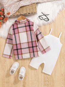 Áo khoác kẻ caro thời trang cho bé gái kèm quần yếm thường ngày, trang phục đơn giản cho - Hồng - Xem 2