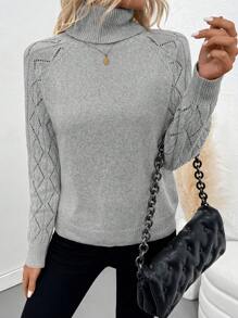 EMERY ROSE Autumn/Winter New Elegant Casual Crochet Pattern High Collar Pullover Sweater With Openwork Shoulder Knit Pullover Fall Outfit - Grey - View 5