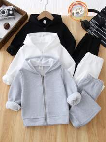 SHEIN Leap Crew Bộ 6 món/bộ thời trang giản dị thoải mái tối giản cho bé trai, áo nỉ có mũ trùm đầu lót nhiệt, màu đen, xám và trắng - Nhiều màu - Xem 1