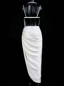 SHEIN ICON ICON Solid-Color Elegant Satin Ruched Contrast Lace Backless Slip Formal Prom Women Dresses - White - View 2
