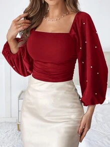 SHEIN Privé 女式优雅串珠装饰灯笼袖褶皱腰 T 恤，秋季 - 酒紅色 - 查看 3