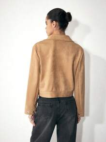 Maija 女式棕色金属点缀休闲简约纯色长袖复古夹克，秋冬 - 卡其色 - 查看 8