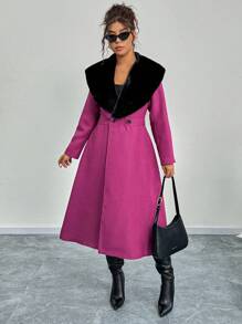 SHEIN Unity Women Plus Size Colorblock Fluffy Collar Double-Breasted Long Overcoat, Autumn/Winter Fall Cloth For Women - Purple - View 6