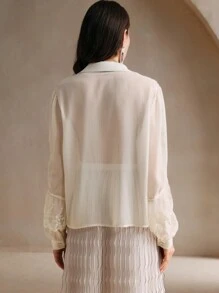 Anewsta 圣诞法式蕾丝荷叶边珍珠缀饰灯笼袖雪纺衬衫，米色/象牙色女式衬衫