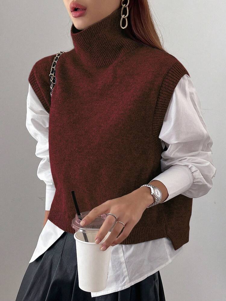Women's Solid Color Turtleneck Sweater Vest, Suitable For Chinese New Year , Spring And Autumn