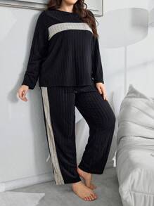 SHEIN 2-teiliges Set in Große Größen, personalisierter Farbspleiß, gebürsteter Fleece Trainingsanzug, Herbst-Winter Kleidung, gemütlicher Outfit, flauschiger Schlafanzug - Schwarz - Übersicht 3