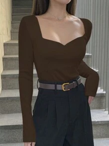 DAZY 女款純色甜心領長袖修身基本款T恤，春夏秋外出上衣 - 棕色 - 查看 4