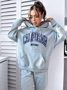 Flirla 2 件套女士字母印花连帽长袖上衣和裤子，休闲装 - 灰色 - 查看 3