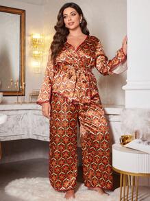 几何印花配色长袖大码睡衣套装