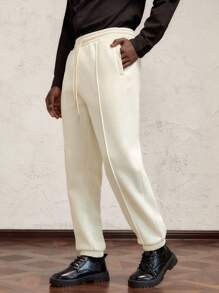 AKNOTIC Business Casual Men Slim Fit Full Length Drawstring Waist Fleece Sweatpants, For Autumn/Winter - White - View 2