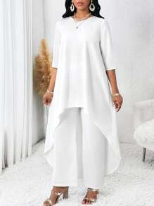 SHEIN Lady Spring And Summer Autumn And Winter Elegant White Woven Round Neck Flowy Asymmetrical Three Quarter Length Sleeve Blouse & Pants Plus Size Co-Ord