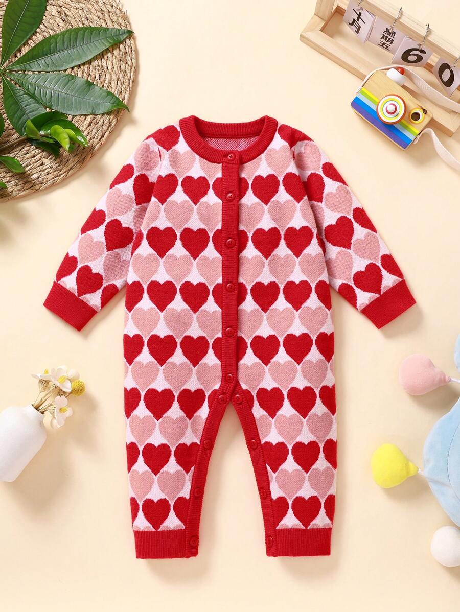 Baby Girls' Knitted Romper Jumpsuit, Casual Red Heart Pattern Sweater For Infants, Autumn/Winter - Red - View 1