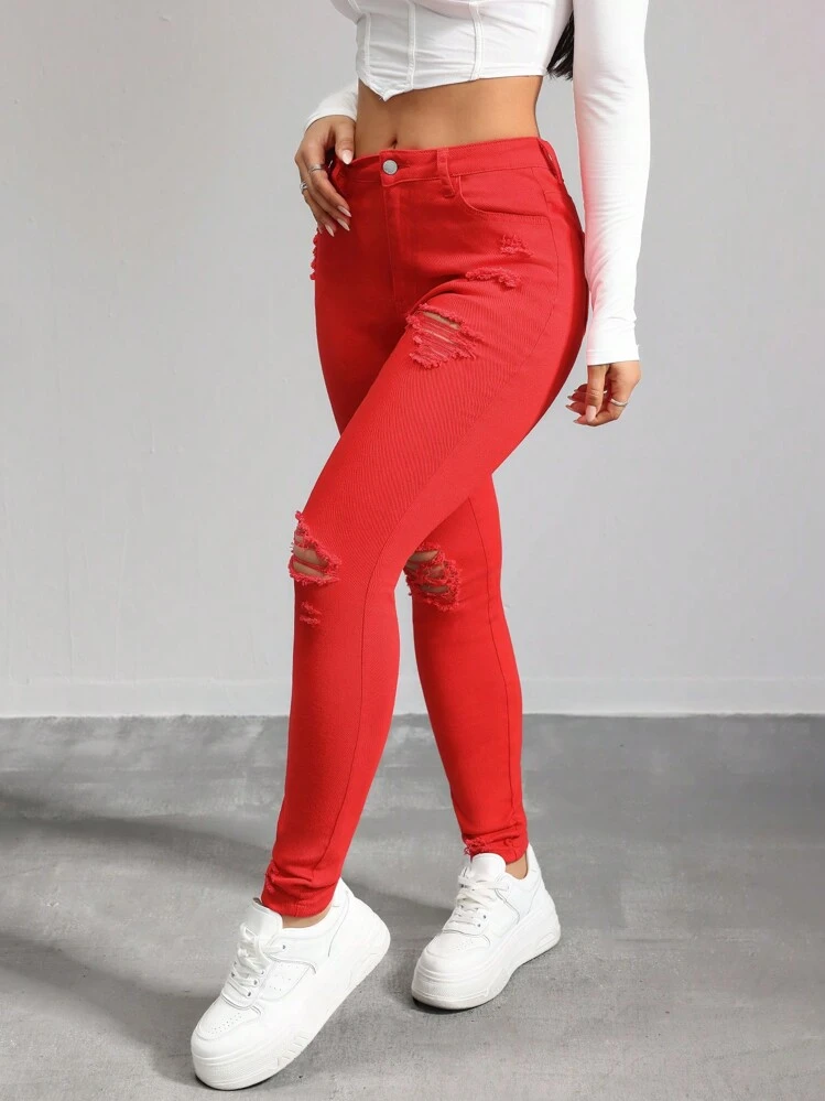 SHEIN Tall Women's Jeans Skinny Stretch Ripped Trousers Red Skinny