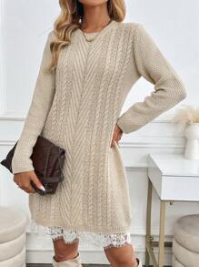SHEIN Clasi Vestido/suéter de cuello redondo de punto trenzado estilo vintage para otoño/invierno, con panel de encaje y adorno de pelusa, vestido de cuello alto de longitud media, adecuado para salidas casuales, fiestas y compras