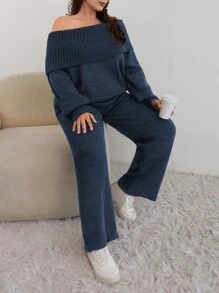 SHEIN Cottnline كنزة صوفية كتف مكشوفة مقاسات كبيرة مناسبة للمجموعة - ازرق مخضر - مشاهدة 4
