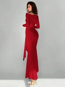 Aloruh 女士优雅露肩金属蝴蝶结装饰长裙 - 酒紅色 - 查看 2