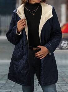SHEIN LUNE Plus Size Solid Color Thermal Lined Hooded Winter Clothes Jacket - Navy Blue - View 3