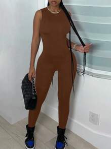 EARO 女士新款时尚连体裤，休闲拼接，无袖，高弹力，修身显瘦，高腰运动裤，夏季百搭 - 棕色 - 查看 3